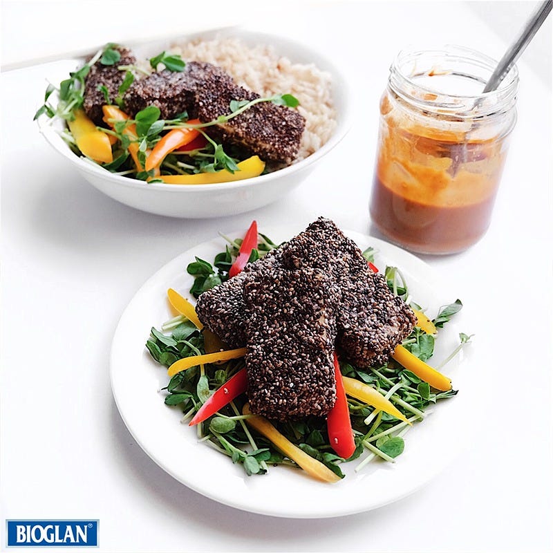 Chia-Crusted Tofu with Sweet & Spicy Peanut Sauce 